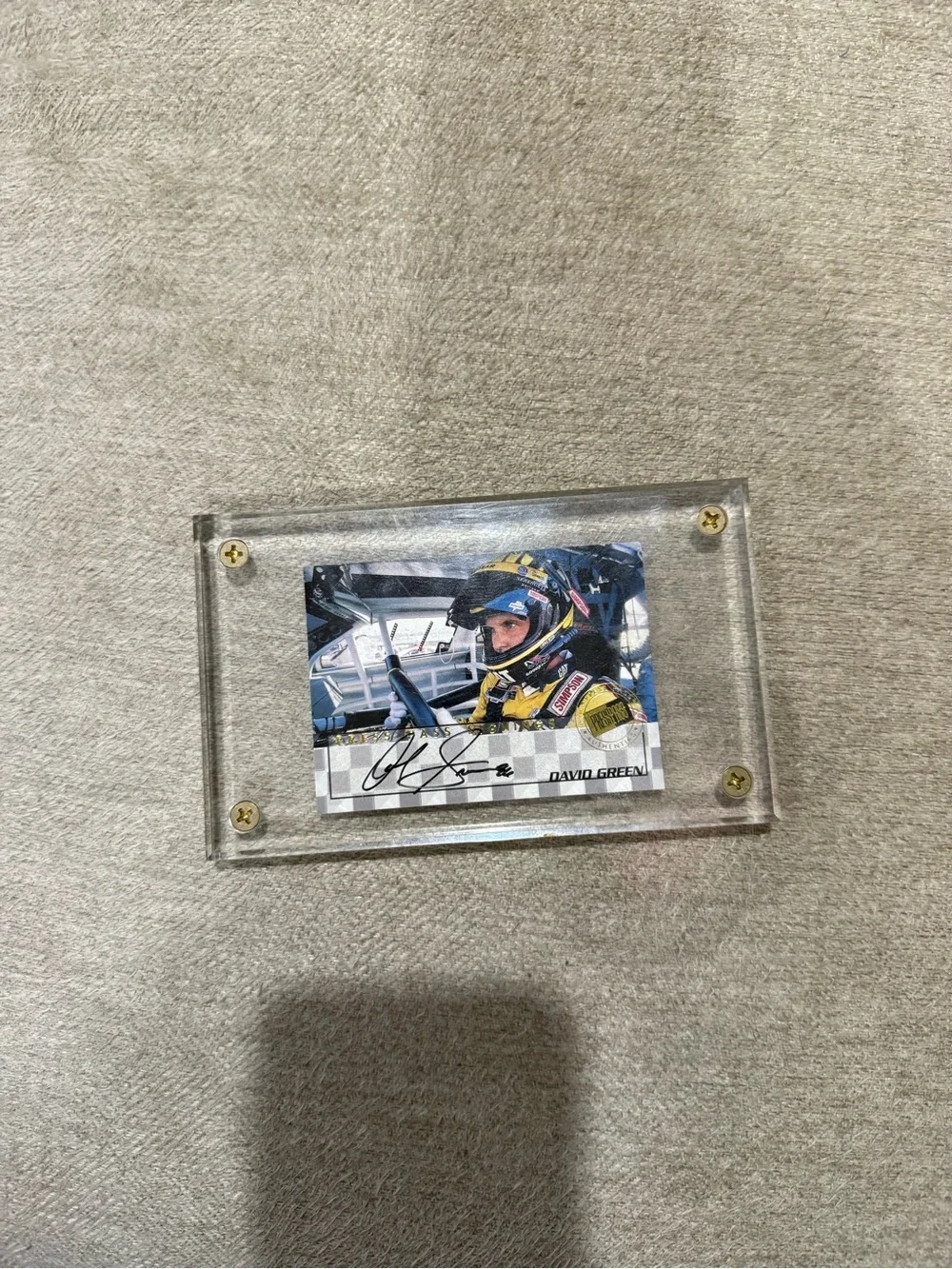 David Green Signed Racing Card in Clear Display Case - Yellow/Black